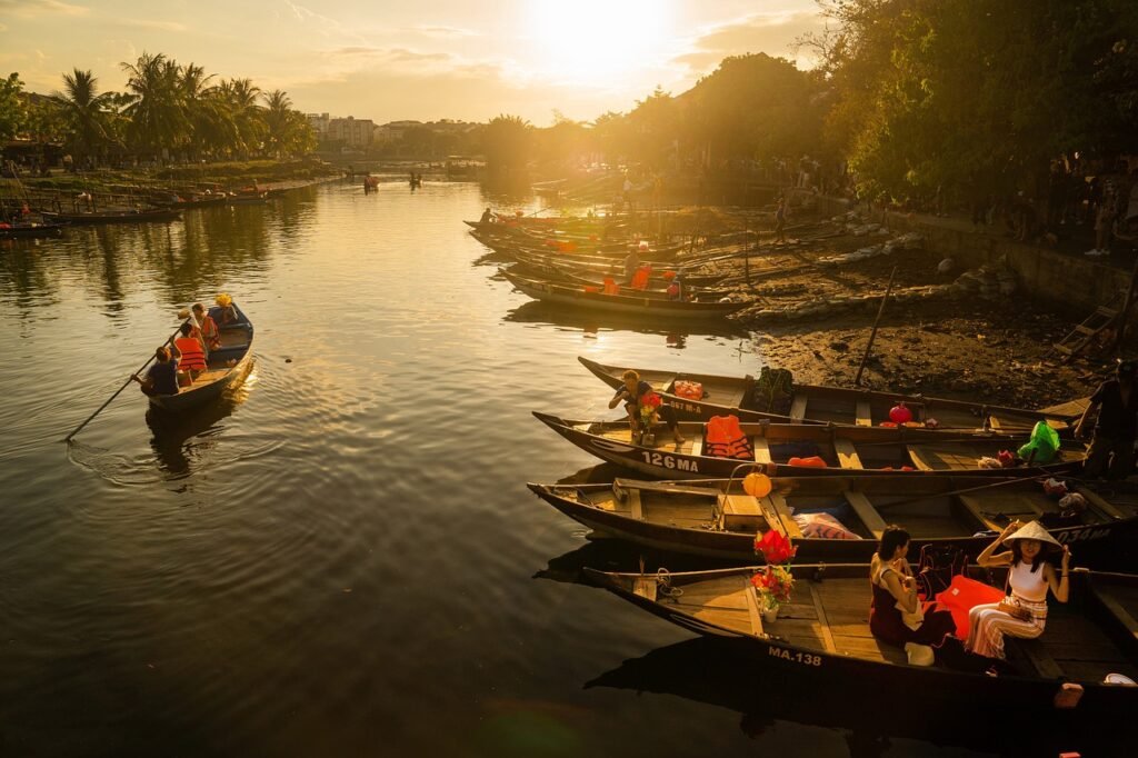 sunset, boat, nature, river, country, hoi an, vietnam, hoian, water