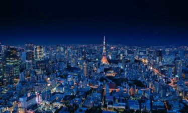 aerial view of city buildings during night time