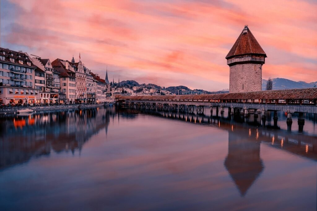 europe, nature, switzerland, lucerne, city, architecture, building, flow, sunset, to travel, photo